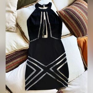 SEXY STRETCH BLACK & MESH MINI HALTER DRESS HOT COCKTAILS DANCER SIZE MEDIUM